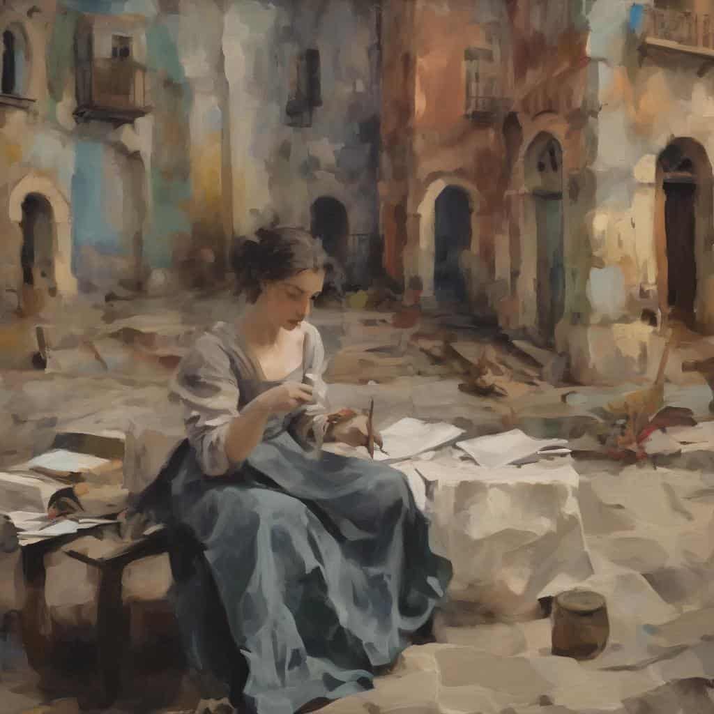 Παράσταση ζωγράφου σε παλαιό Ευρωπαϊκό σκηνικό, με έντονα χρώματα και λεπτομέρειες.