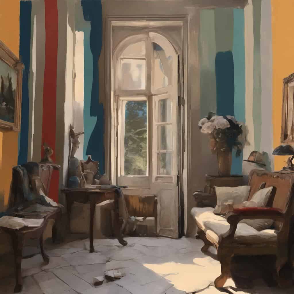 Παραδοσιακό εσωτερικό καθιστικού με φωτεινό παράθυρο και vintage έπιπλα, εμπνευσμένο από την τέχνη ζωγραφικής.