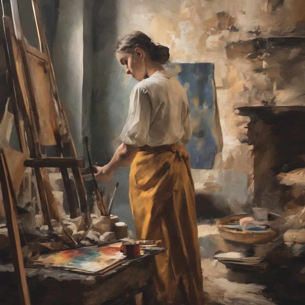 Μαθήτρια ζωγραφικής στον καμβά σε στούντιο τέχνης, τέχνη, δημιουργία, καλλιτέχνης, ζωγραφική, τέχνες, εικαστικά.